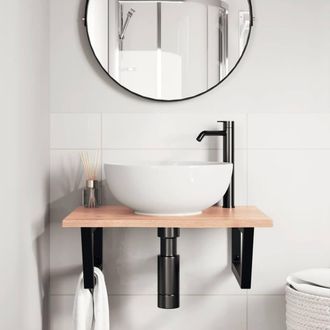 Berkfield Home Elegant Basin Shelf Wall Mounted Steel & Solid Wood Oak in Brown