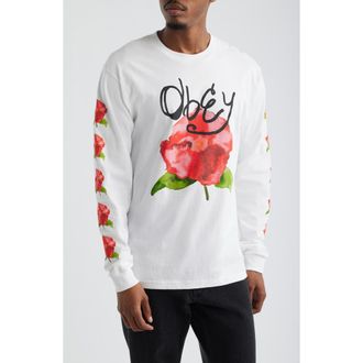 Obey Watercolor Poppy Long Sleeve Cotton Graphic T-Shirt in White at Nordstrom, Size X-Large