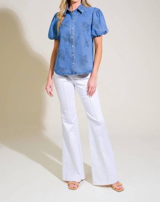 Flying Tomato Selena Floral Print Washed Denim Top In Medium Blue