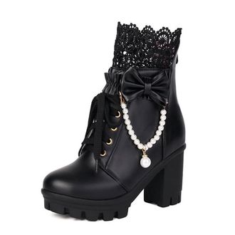Generic Womens Cute Lolita Platform Ankle Boots with Lace Pearl Chain Bow Block High Heel Goth Punk Party Dress Shoes with Zipper (Black,5.5)