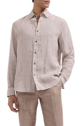 Bugatchi Karl Shaped Fit Gingham Check Linen Button-Up Shirt in Olive at Nordstrom, Size Xxx-Large