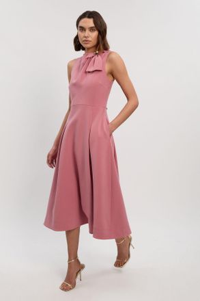 Karen Millen Womens Compact Stretch Bow Tie Neck Trim Detail Tailored Full Midi Dress - Rose - Size 16 UK