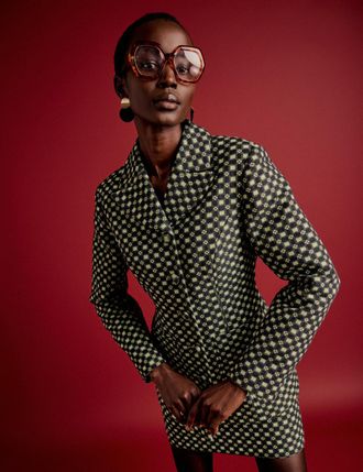 Nobody's Child NC x Lisou Black and Lime Green Jacquard Checkerboard Fitted Blazer