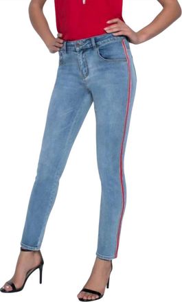Frank Lyman Design Skinny Jeans With Ribbon Side And Rhinestones In Mid Wash