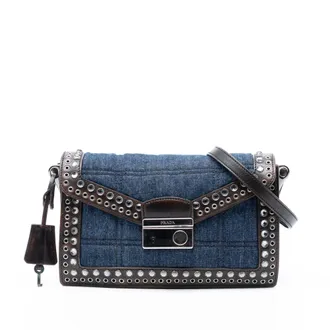 Prada Pre-owned Womens Studded Denim Sound Lock Crossbody - Dark Blue Textile - One Size