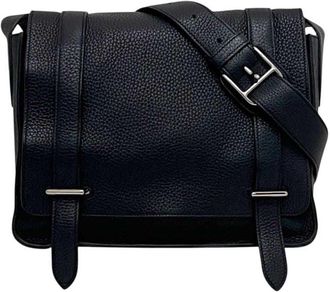 Herm&egrave;s Black Dark Navy Navy Chevre Leather Leather Shoulder Bag (Pre-Owned)
