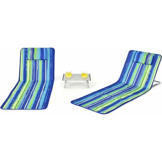 Costway Costway - Set di 2 Lettini da Spiaggia Pieghevole, Schienale Regolabile, Set di Tappetini da Spiaggia con un Tavolino, per Rilassarsi allesterno e