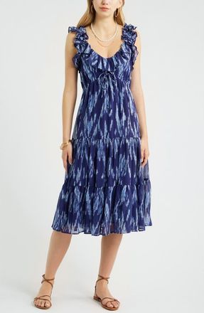Treasure & Bond Print Ruffle Trim Tiered Midi Dress in Navy Still Piper Ikat at Nordstrom, Size Xx-Small