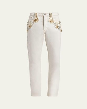 Versace Mens Crystal-Embroidered Straight-Leg Denim Jeans