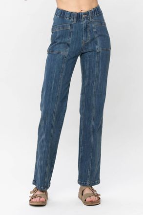 Judy Blue High Elastic Waist Vintage Straight Leg Jeans In Medium Vintage Wash