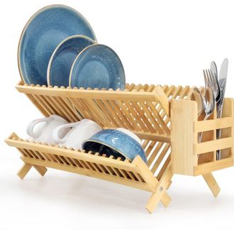 MegaChef 2 Tier Collapsible Kitchen Wood Drying Dish Rack in Bamboo at Nordstrom, Size Medium