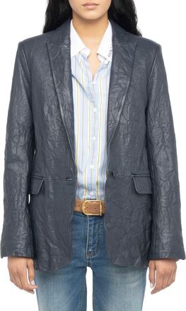 Zadig&Voltaire Valse Crinkled Leather Blazer in Encre at Nordstrom, Size 10 Us
