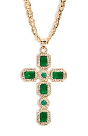 Vidakush Ornate Cubic Zirconia Cross Pendant Necklace in Green at Nordstrom, Size 18