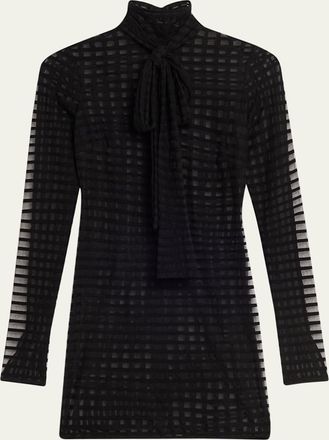 LaQuan Smith Bow-Neck Sheer Windowpane Long-Sleeve Mini Dress
