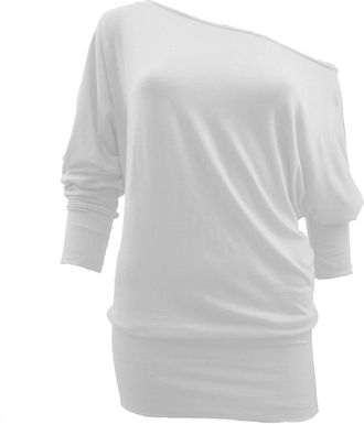 ZEE FASHION Ladies Women Off Shoulder Batwing Long 3/4 Sleeve Baggy T-Shirt Top White