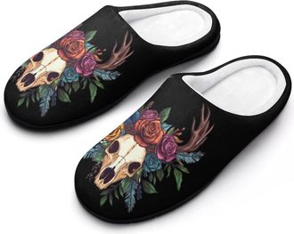 Generic Deer Head Skull Roses Feathers Womens Slippers Warm House Slippers Indoor House Shoes with Anti-Skid Rubber Sole