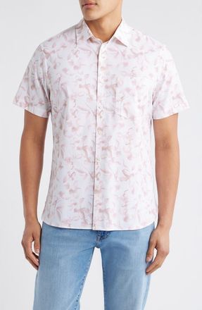 Nordstrom Leaf Print Short Sleeve Stretch Cotton Blend Button-Up Shirt in White Painted Leaves at Nordstrom, Size Xx-Large