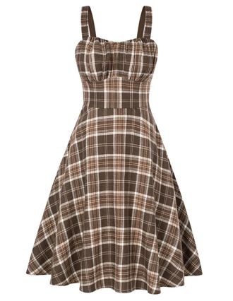 Belle Poque Womens Vintage Sleeveless Solid Floral Ruched Summer Cute A-Line Flowy Swing Midi Dress, Brown Gingham, S