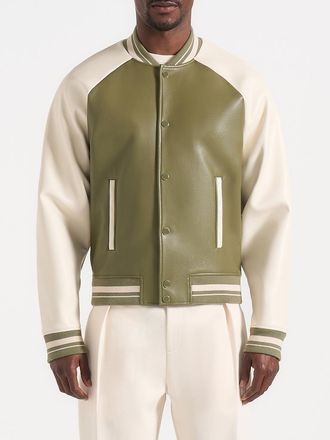 Mani&egrave;re De Voir Guy Contrast Leather Bomber Jacket in Olive/cream at Nordstrom, Size Xx-Large