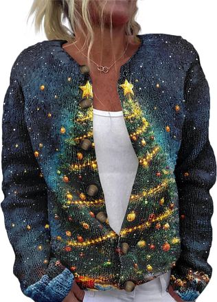 Generic Womens Christmas Sweater Open Front Button Down Christmas Sweater (UK, Alpha, L, Regular, Regular, 10)