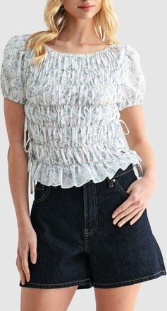 All in Favor Floral Smocked Side Tie Cotton Top in Ivory Blue at Nordstrom, Size X-Small
