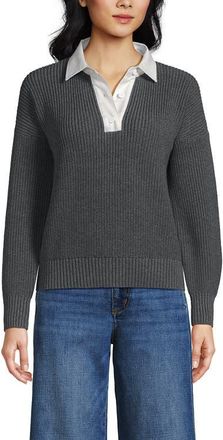 Lands End Drifter Rugby with Woven Collar Sweater in Charcoal Heather at Nordstrom, Size X-Large P