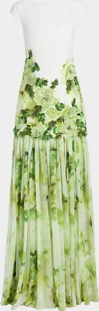 Badgley Mischka Floral Print Dropwaist Sheath Gown