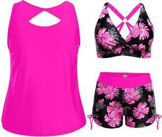 Holipick Plus Size Tankini Swimsuits - Women 3 Piece Bathing Suits Tummy Control with Shorts Tank Top with Sports Bra 12 Plus, Pink Floral, 16 Plus