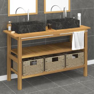 vidaXL Tocador De Ba&ntilde;o Madera Maciza De Teca Con Lavabos M&aacute;rmol Negro Vidaxl