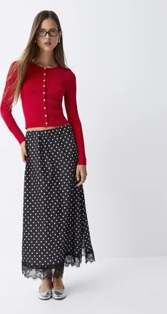 Twik Womens Lace and polka dots satiny maxi skirt