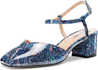 Castamere Women Chunky Block Mid Heel Square Toe Ankle Strap Pumps Court Shoe Wedding Office Dress 5 CM Heels Blue Multicolor 8 UK