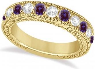 Allurez Antique Diamond & Lab Alexandrite Wedding Ring Band 14k Yellow Gold (1.46ct)