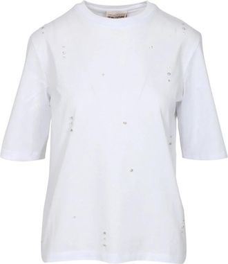 Semicouture T-shirt met ronde hals en kristallen - Dames - T-shirts - Wit - XL - Katoen - Tops