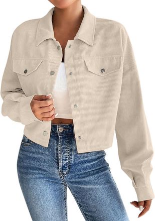 Generic Womens Denim Jackets Womens Cropped Corduroy Jacket Long Sleeve Casual Soft Warm Button Down Shirt Shacket Drop Shoulder Short Crop Coat Outwear Beige