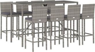 vidaXL Vidaxl - Mesa Y Taburetes Altos Jard&iacute;n 9 Pzas Y Cojines Rat&aacute;n Pe Gris