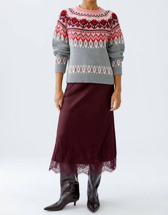 Oui Crew Neck Pullover Sweater In Grey/red