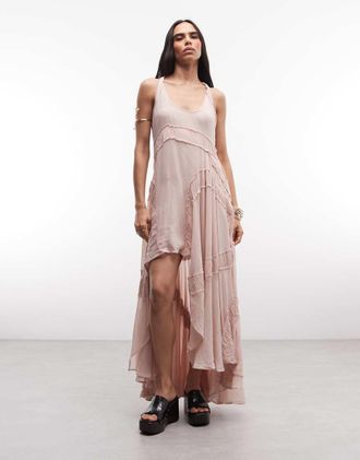 AllSaints Dorina - Vestito midi senza maniche arricciato asimmetrico con volant rosa chiaro