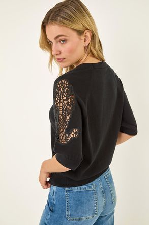 DUSK Crochet Sleeve Knit Top