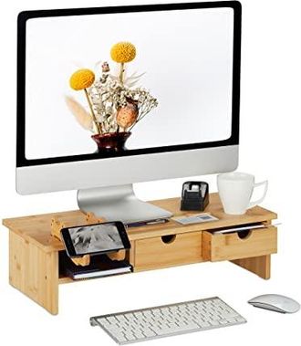 Relaxdays Monitorständer Bambus, 2 Schubladen, Handyhalter, HxBxT: 14x54x23 cm, Bildschirmerhöhung Schreibtisch, Natur
