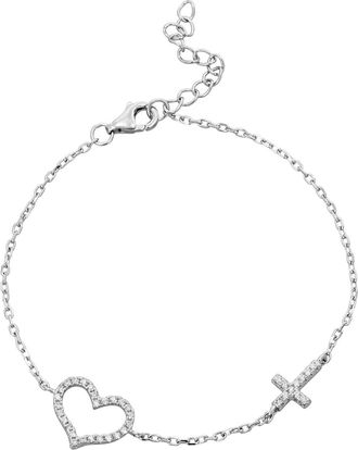 Savvy Cie Jewels RHODIUM PLATED WHITE CZ HEART AND CROSS BRACELET