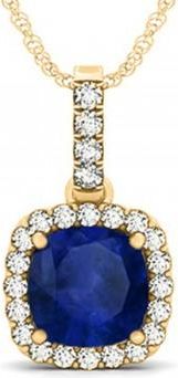 Allurez Blue Sapphire & Diamond Halo Cushion Pendant Necklace 14k Yellow Gold (4.05ct)