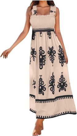 Generic 1950s Dresses for Women Summer Dresses for Women UK Fashion Sleeveless Beach Wear Dress Casual Square Neck Maxi Dresses Elegant Waist Print Tank Long 
