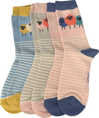 Generic Purple Possum Sheep Socks Ladies Cream Striped Stripes Bamboo Cotton Cute Farm Animals Womens Socks Size 3 to 7 (3 Pair Pack Grey Pink and blue)