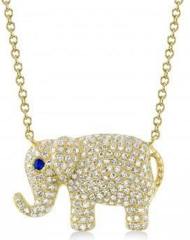 Allurez Diamond & Blue Sapphire Elephant Pendant Necklace 14K Yellow Gold (0.49ct)