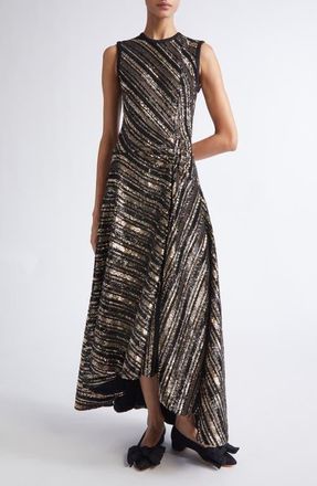 Giambattista Valli Sequin Stripe Asymmetric Midi Dress in Black/Gold at Nordstrom, Size 6 Us
