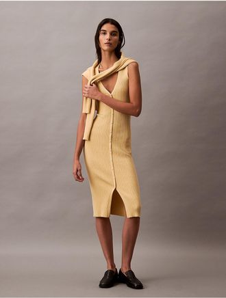 Calvin Klein Womens Smooth Cotton Rib Sweater Midi V-Neck Dress - Yellow - XS