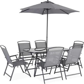 Sweeek Conjunto mesa de jard&iacute;n de acero con 6 sillas y 1 sombrilla, gris