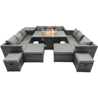 Fimous Rattan Garden Furniture Firepit Dining Set 13 Seater Lounge Sofa Firepit Dining Table Set with 4 Footstools Side Tables - Fimous