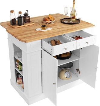 Costway Kitchen Island Storage Cupboard W/ Drop Leaf Countertop & Side Racks 2-Door Cabinet