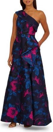 Adrianna Papell One-Shoulder Jacquard Ballgown in Navy/Orchid at Nordstrom Rack, Size 16